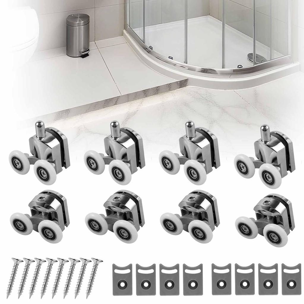 8 Pcs Curved Shower Door Rollers, 23mm Wheel With -Collision Pad And Screws For Glass Door For 4-6mm Glass Door