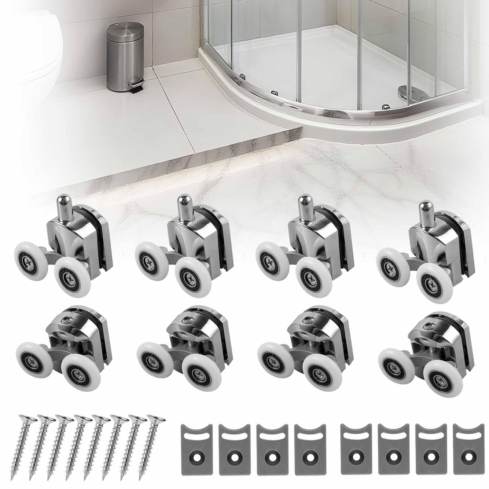 

8 Pcs Curved Shower Door Rollers, 23mm Wheel With -Collision Pad And Screws For Glass Door For 4-6mm Glass Door One Size