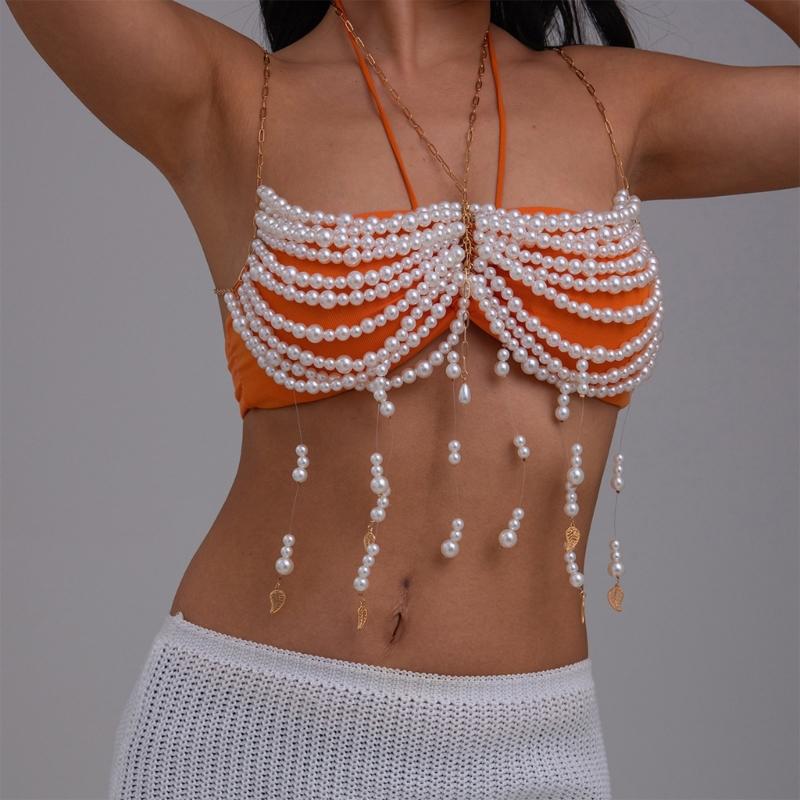 Unique Designs Elegant Pearls Body Jewelry Bra Chain Soft Fabric Decorative Accessory for Bolds Fashionable Statement