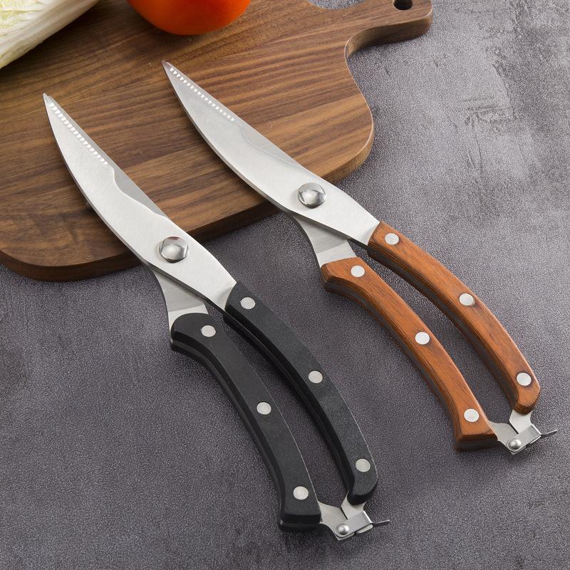 Sharp Chicken Bone Scissors Stainless Steel Multifunctional Kitchen Scissors Wooden Handle Fish Killing Scissors