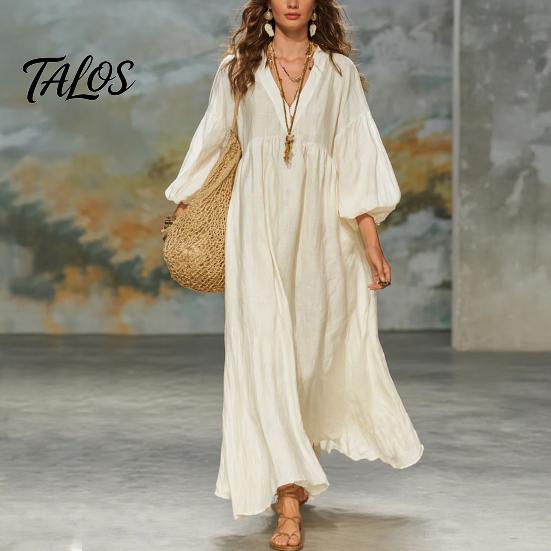 Polyester Dress Women Women's Deep V Neck Maxi Dress, Puff 3/4 Sleeve Retro Style A-Line Flowy Casual Loose Boho Beach Sundress Everyday Wear