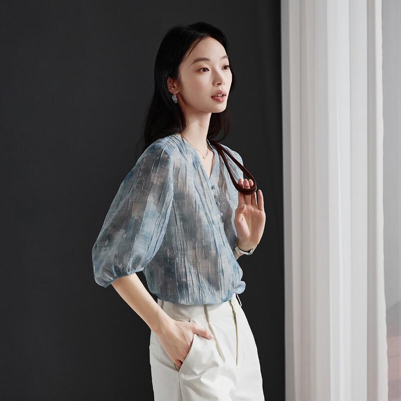 SOFSIL 2026 Summer French Style V-Neck Printed Shirt XL