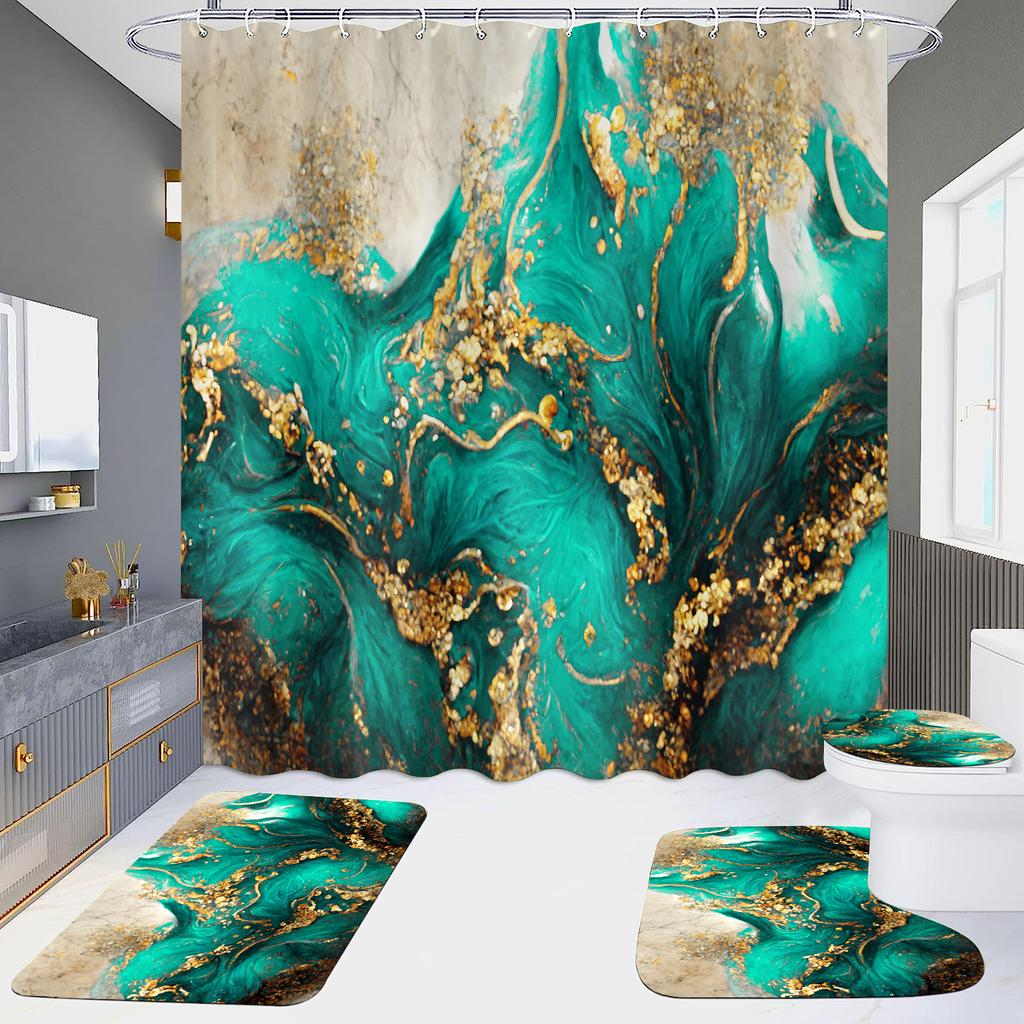 4Pcs Marble Series Shower Curtain Sets for Bathroom Non-Slip Bathroom Rugs Lid Toilet Cover Bath Mat