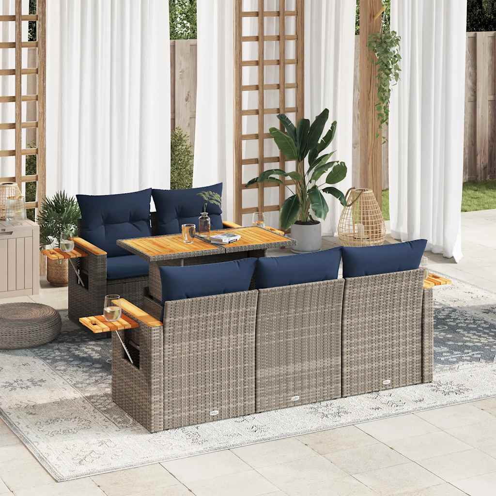 6 Piece Garden Sofa Set with Cushions Gray Poly Rattan