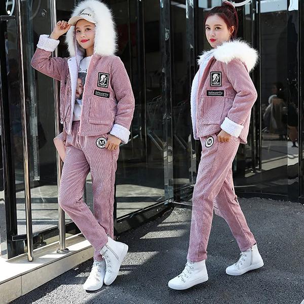 

Женский зимний костюм, осенняя студенческая вельветовая куртка из овечьей шерсти, бархатный утолщенный повседневный комплект из двух предметов с капюшоном, пальто M розовый