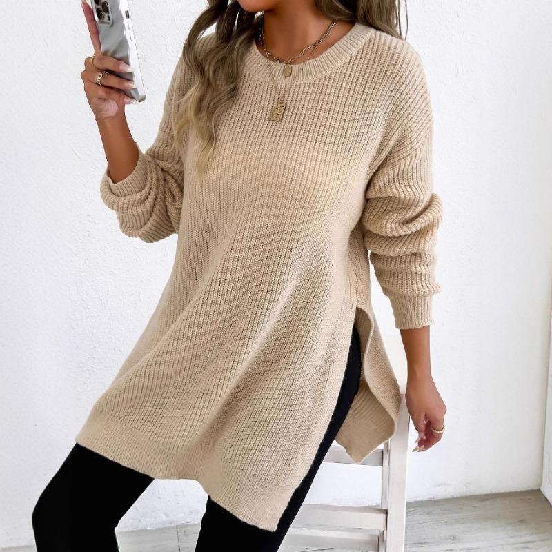 Autumn Winter New Tops Cross-border European and American Women's Round Neck Pullover Slit Woven Casual Sweater