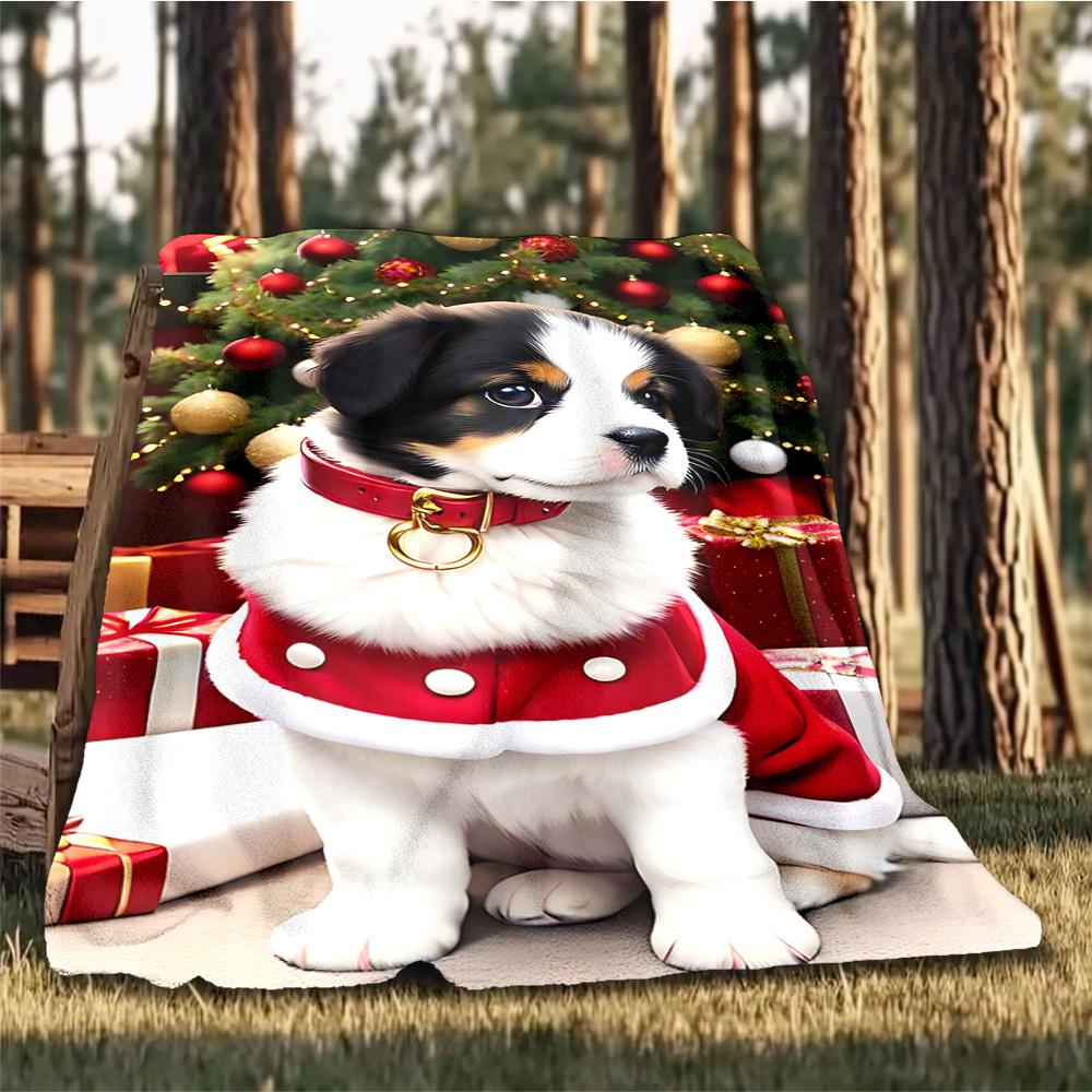 1pc Christmas puppy Outdoor Flannel Blanket , Machine Washable Perfect Gift for Birthday , Holiday Travel Accessory , Durable Material