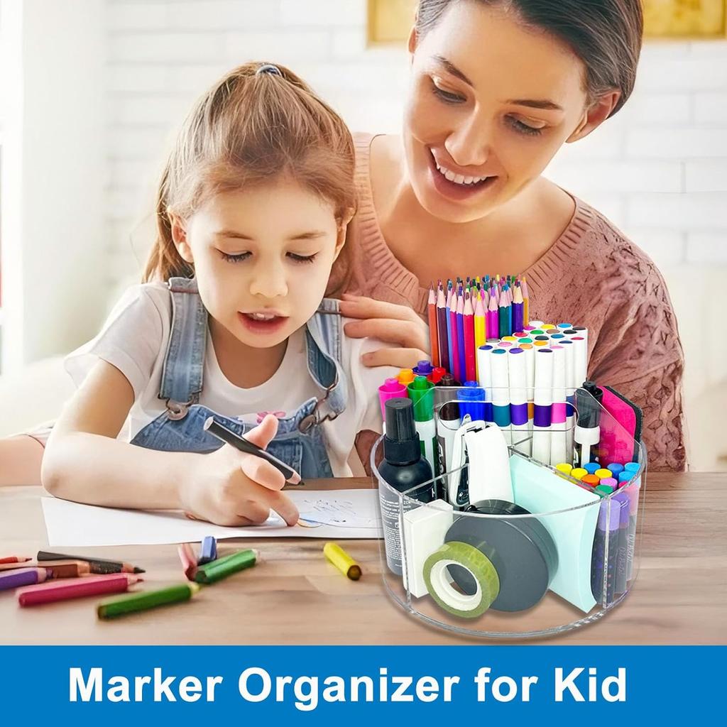 Acrylic Rotating Pen Holder for Desk, 360 Degree Clear Pencil Holder Crayon Organizers for Kids, 6 Compartments Marker Organizer for Office, Art