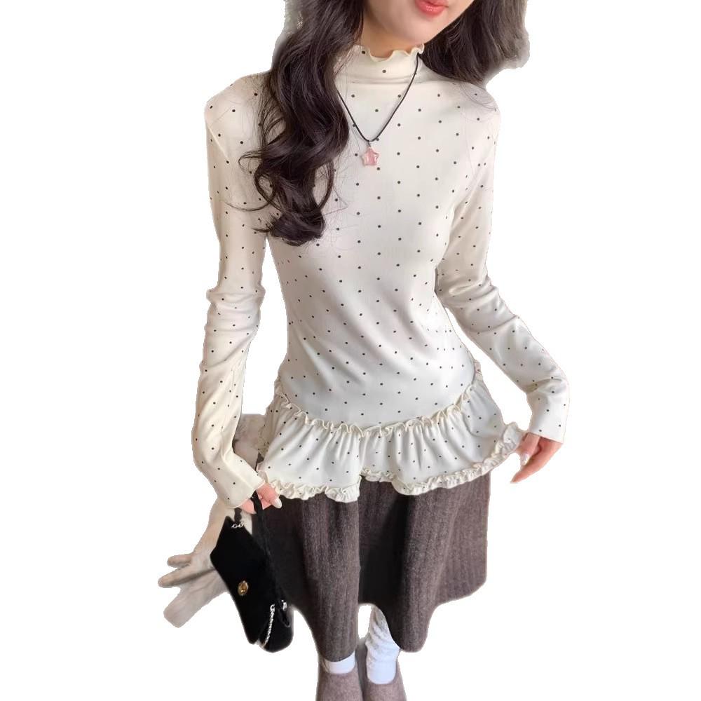 Korean Sweet Slimming Polka Dot Ruffle Top: Women's Long-Sleeve, Half-High Collar, Spring Collection.