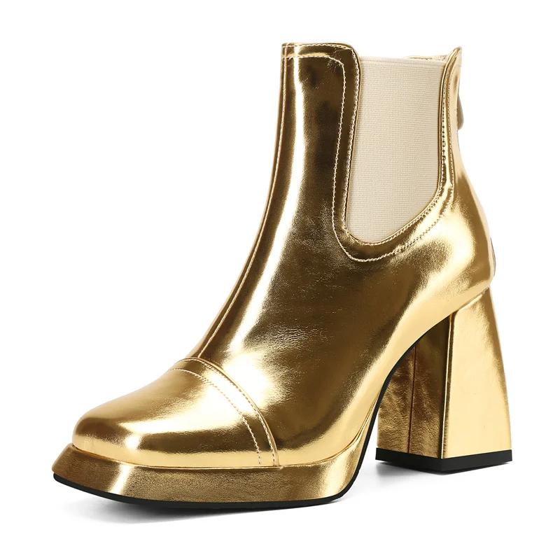 Silver Gold Women Platform Chelsea Boots High Chunky Heels British Winter Dress Office Ladies Shiny Retro Square Toe Ankle Boots