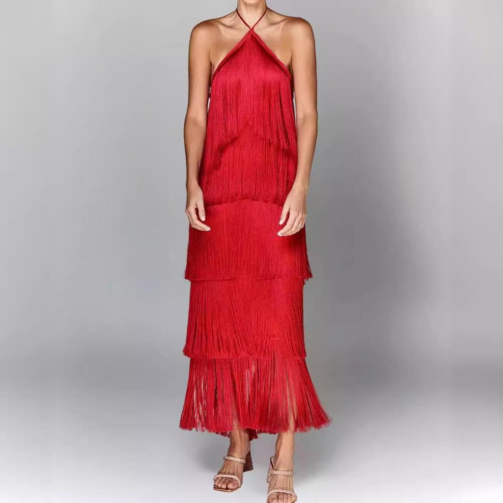 European American Fashion Halter Backless Slit Tassel Maxi Dress for Women