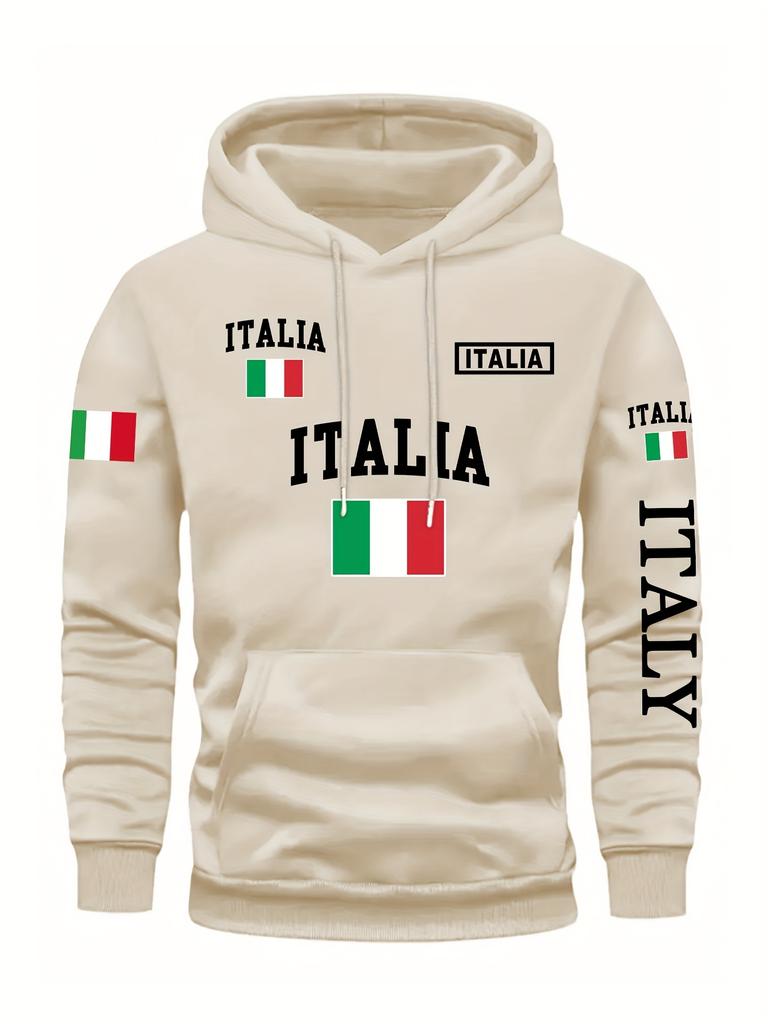 Men's Stylish Graphic Hoodie Black Casual Pullover Front Pocket Comfortable Polyester Blend Machine Washable Italy Sweatshirt