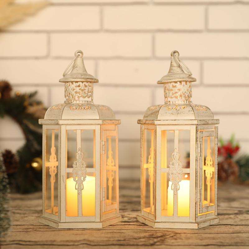 RTS Azioni USA Set di 2 Lanterne Candela Decorative in Metallo Bianco Vetro Stile Marocchino Vintage Portacandele Lanterna da Appendere