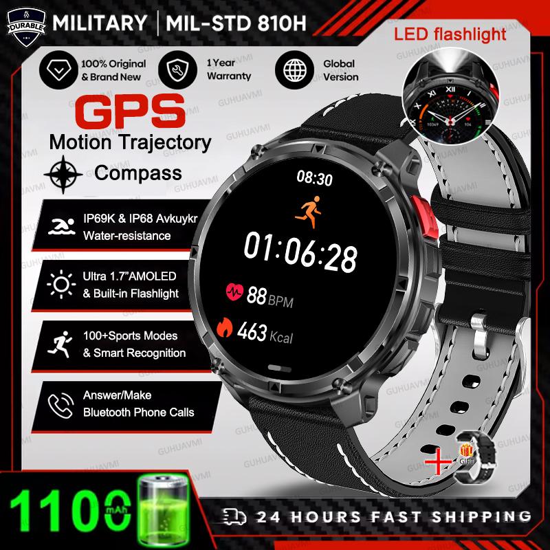 1100mAh Large Battery Durable Adult Smart Watch GPS Strong Flashlight 10ATM Waterproof BT Call Sport Smartwatch Men