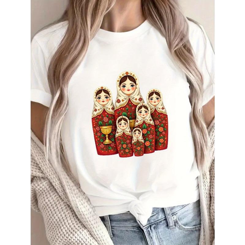 Women s Russian Nesting Dolls Matryoshka Print T-Shirt Casual Crew Neck Short Sleeve Top S белый