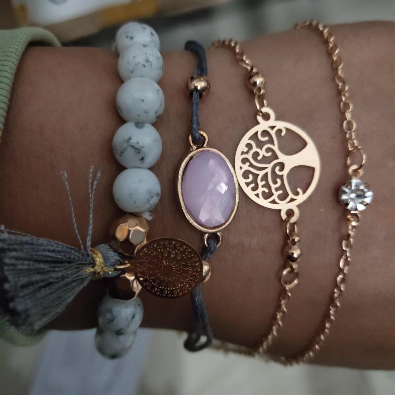 

Браслет из стеклянных бусин, женский, инкрустированный бриллиантами, простой персонализированный браслет в виде дерева жизни, набор из 4 предметов розового золота