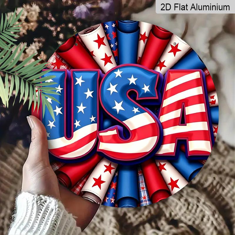 2D Flat - 1pc July 4th Patriotic Wreath - Red White Blue American Flag Design Metal Aluminum Sign with Stars, Stripes USA Lettering, Durable Aluminum
