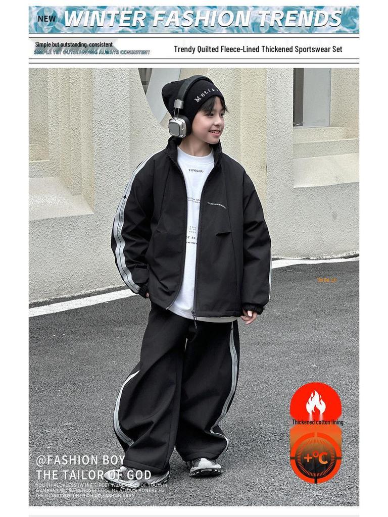 2025 Autumn/Winter Boys' Trendy Fleece Two-Piece Sports Set