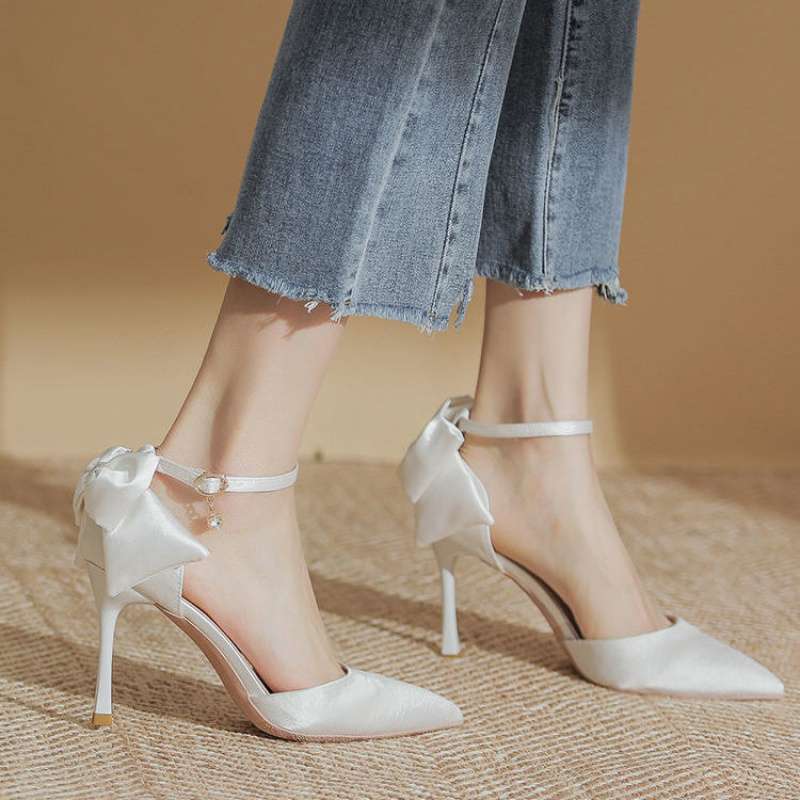 One-word buckle single shoes wedding shoes female bride shoes satin spring and summer hollow white wedding dress two wear pointed stiletto high heels