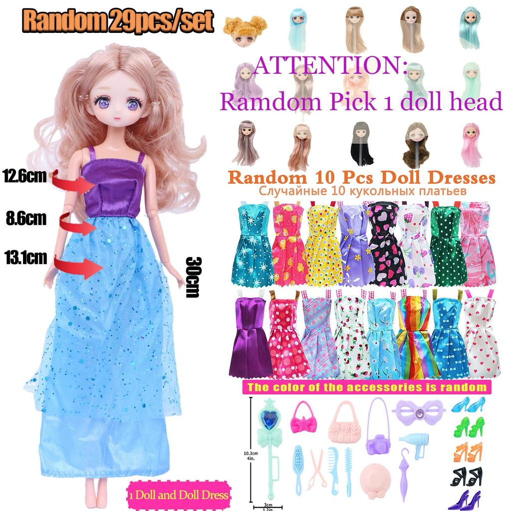 Random 29 Pcs/Set Doll Clothes for 11.5'' Doll Clothes 1 Doll Body and Head 1 Gown 10 Mini Dresses 5 Shoes 12 Accessories Kids Toy Accessories