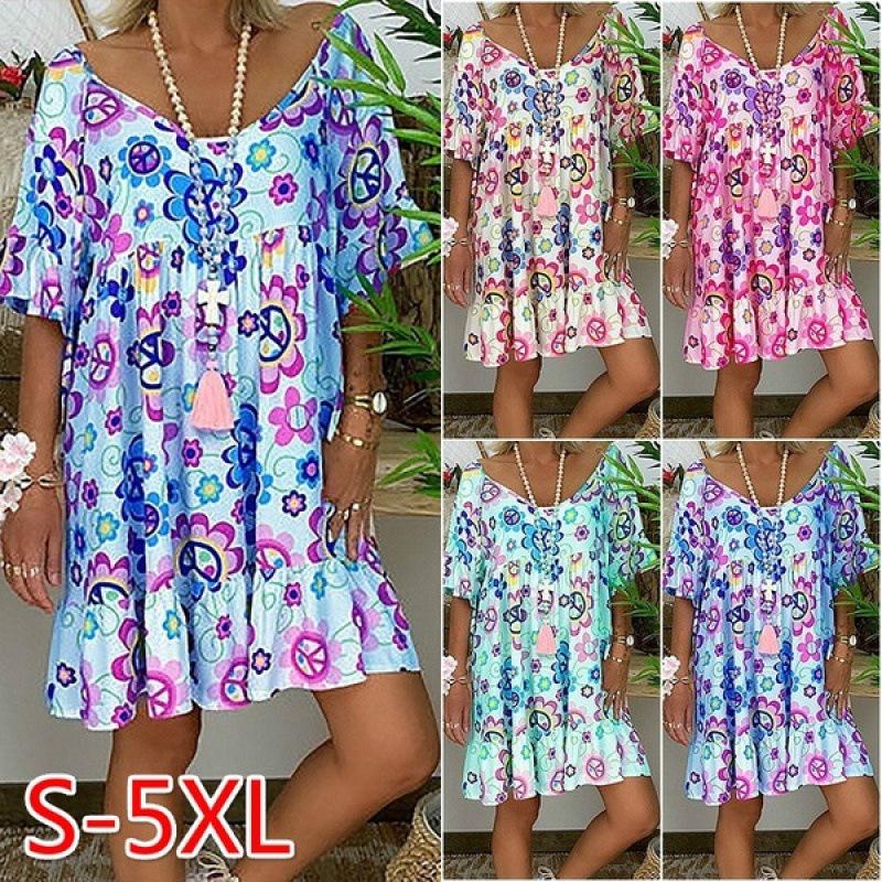 

European and American Plus Size Printed Round Neck Short Sleeve Dresses Large