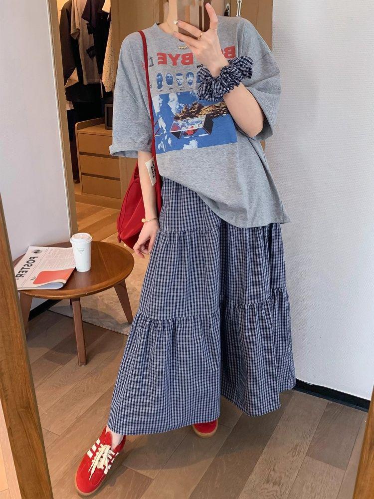 American Retro Style Women's Summer Casual Plaid Skirt & Loose Cotton T-Shirt Set