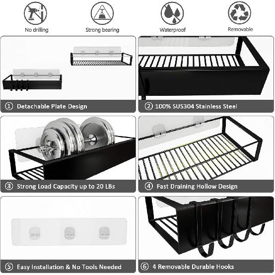Shower Caddy, Adhesive Shower Organizer with Hooks, Shower Shelves for Inside Shower, No Drilling Shower Rack Holder, Shower Storage for Bathroom,