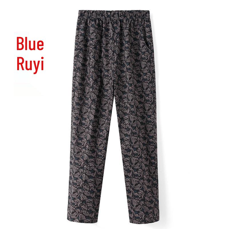 Women's Fleece-Lined Pants, Loose Straight Leg for Middle-Aged/Elderly, Patterned Plus Size, Mom's Style, Fit for All Seasons (Spring, Autumn, Winter)