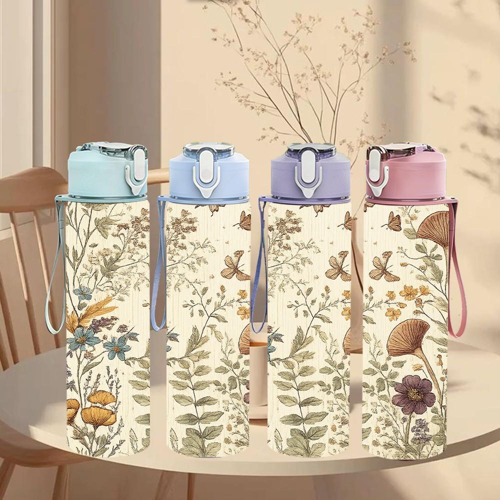 1PC Dried Vintage Botanical Plant Print 750ml Color Plastic Sports Water Bottle Leakproof Flip Straw Lid Suitable for Sports Office Home Use