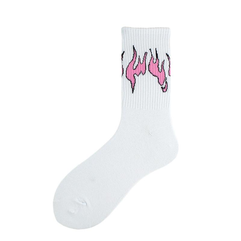 1 Pair Women Fashion Hip Hop Hit Color On Fire Crew Socks Red Flame Blaze Power Torch Hot Warmth Street Skateboard Socks