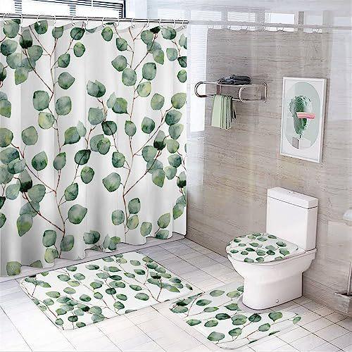 Flower Watercolor Field Flower Shower Curtain With 4 Pieces Absorbent Bathroom Mat Bathroom Curtain With Soft Bath Wheel U-Shaped Mat