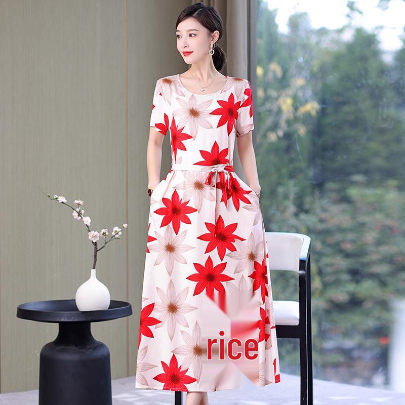 2023 Plus Size Floral Summer Cotton Dress for Middle-Aged Women