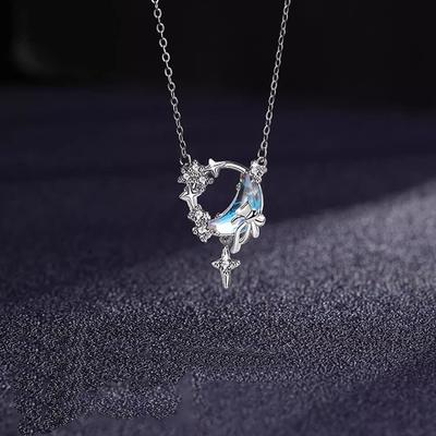 Star Moon Necklace Women's Light Luxury Niche Design Sense Zircon Bow Stainless Steel Clavicle Chain Temperament Star Moon