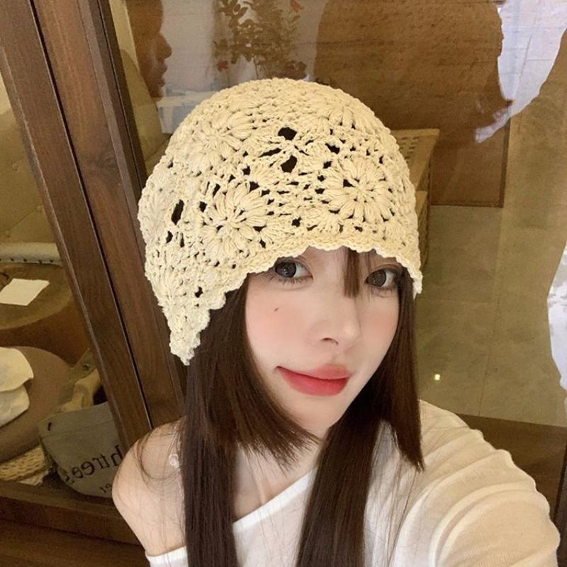 Japanese Style Handwoven Head Wrap Hat Women's Spring Autumn Thin Hollow Wool Hat Retro Literary Knit Slouchy Hat