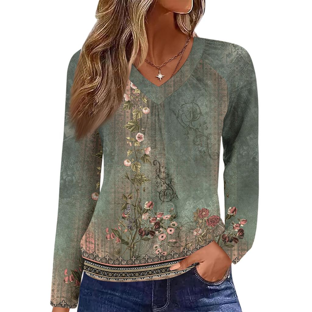 Women's Casual Fashion V-Neck Raglan Pleated Retro Printed Long Sleeve Top