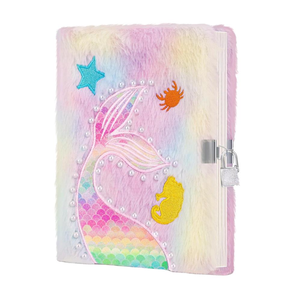 SYC Plush Mermaid Fluffy Paper Cover Notebooks Kids Custom Diary with Padlock for Children Journal Set 80 Sheets