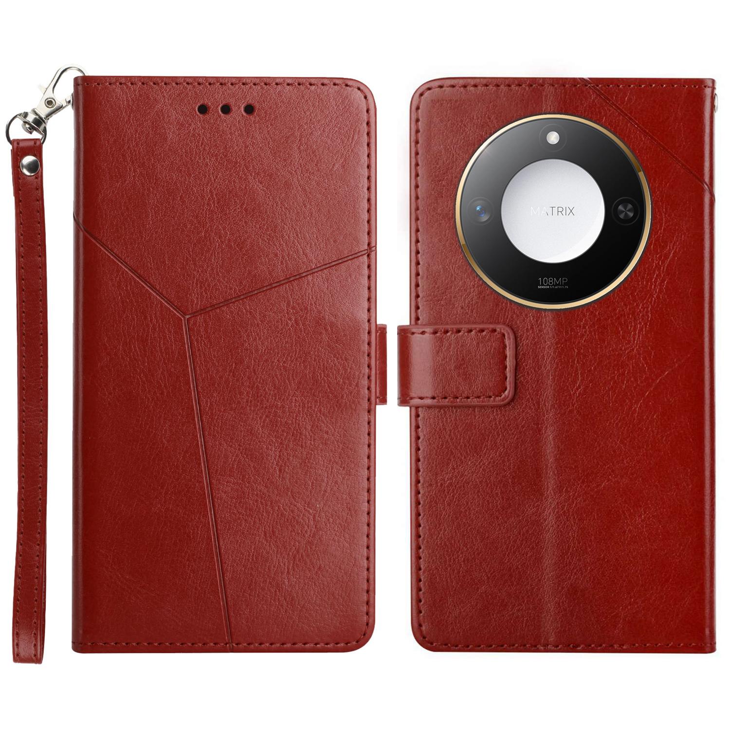 

Чехол для Honor X9c Smart 5G с ремешком на запястье, кожаный чехол для телефона с тиснением в виде Y-образных линий Brown