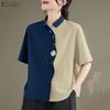 ZANZEA Damen Lässig Umlegekragen Sommer Kurzarm Patchwork Bluse