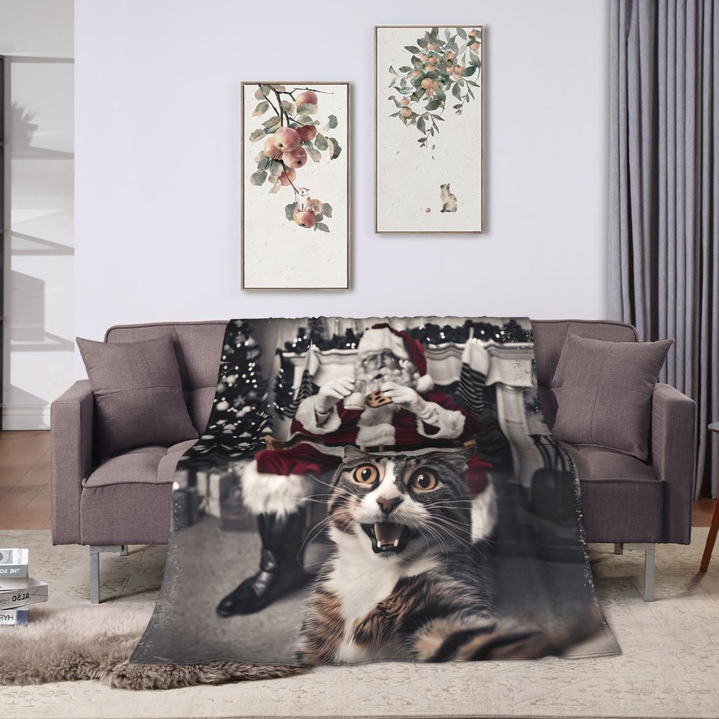 Cat Selfie with Santa Flannel Blanket Winter Soft Durable Bedding Throws for Child Living Room Pattern Bedspread Sofa Bed Cover