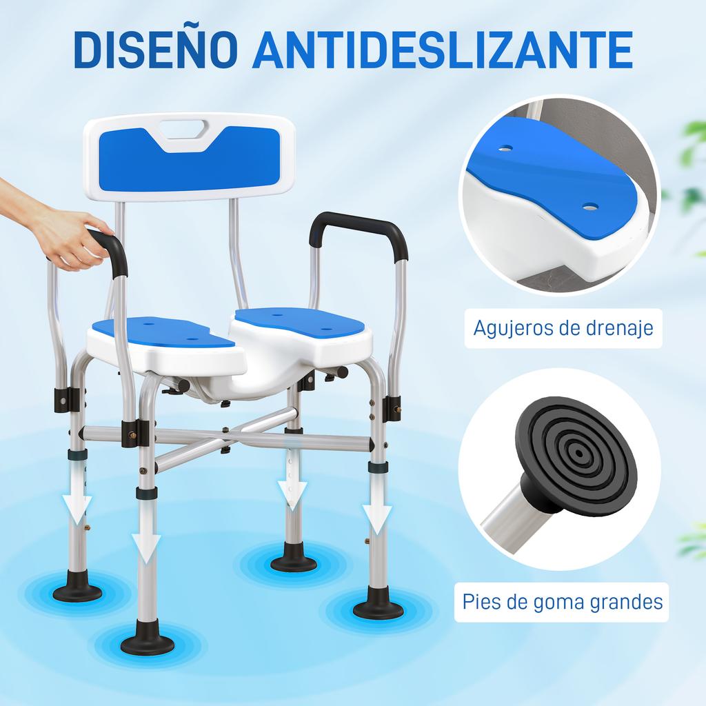 Shower Chair With Slotted Seat Adjustable Height Non Slip Backrest And Armrests Load 136 Kg Blue