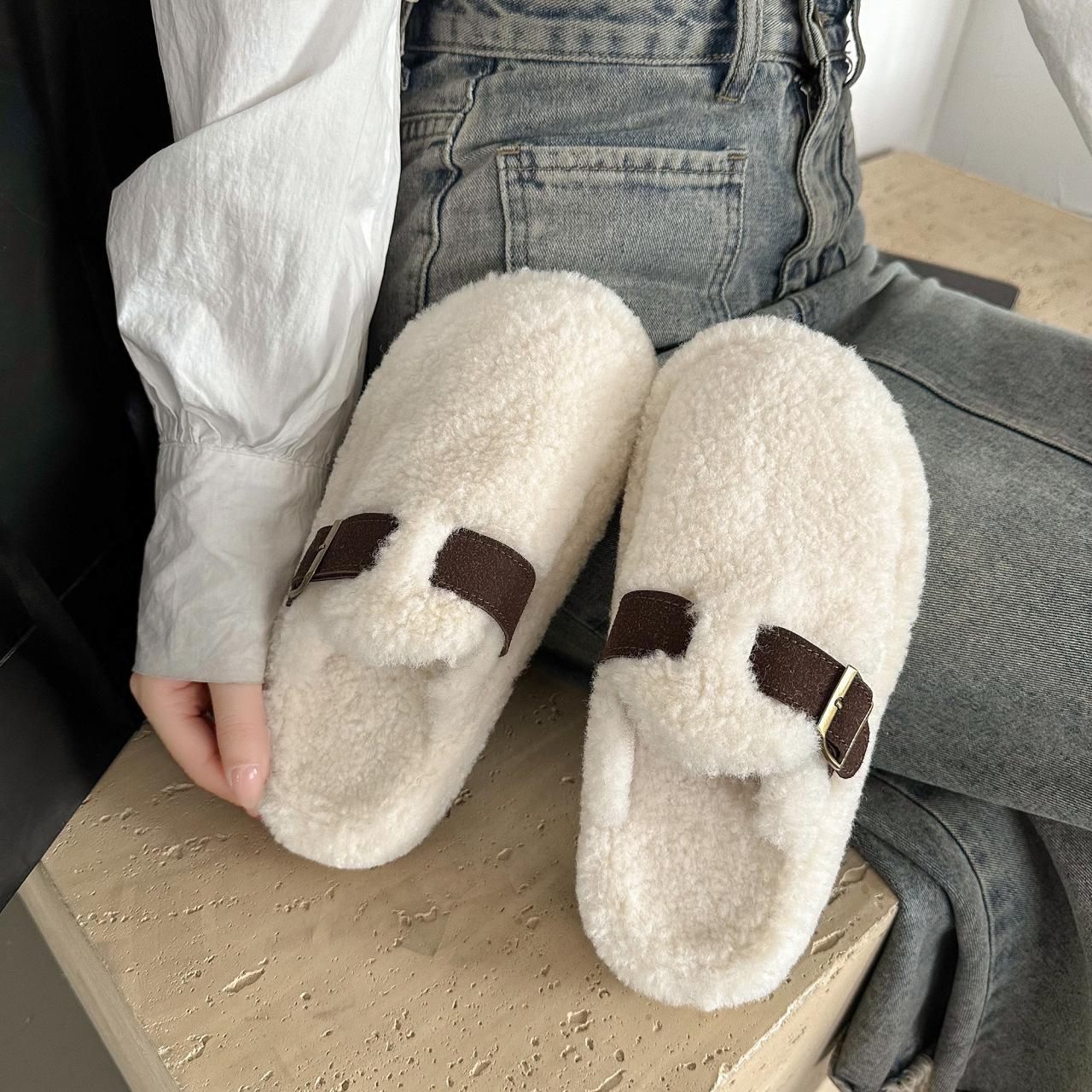 

Fashion temperament Baotou fluffy slippers women s 2025 autumn and winter new outer wear warm thick bottom velvet Birkencotton drag tide 40