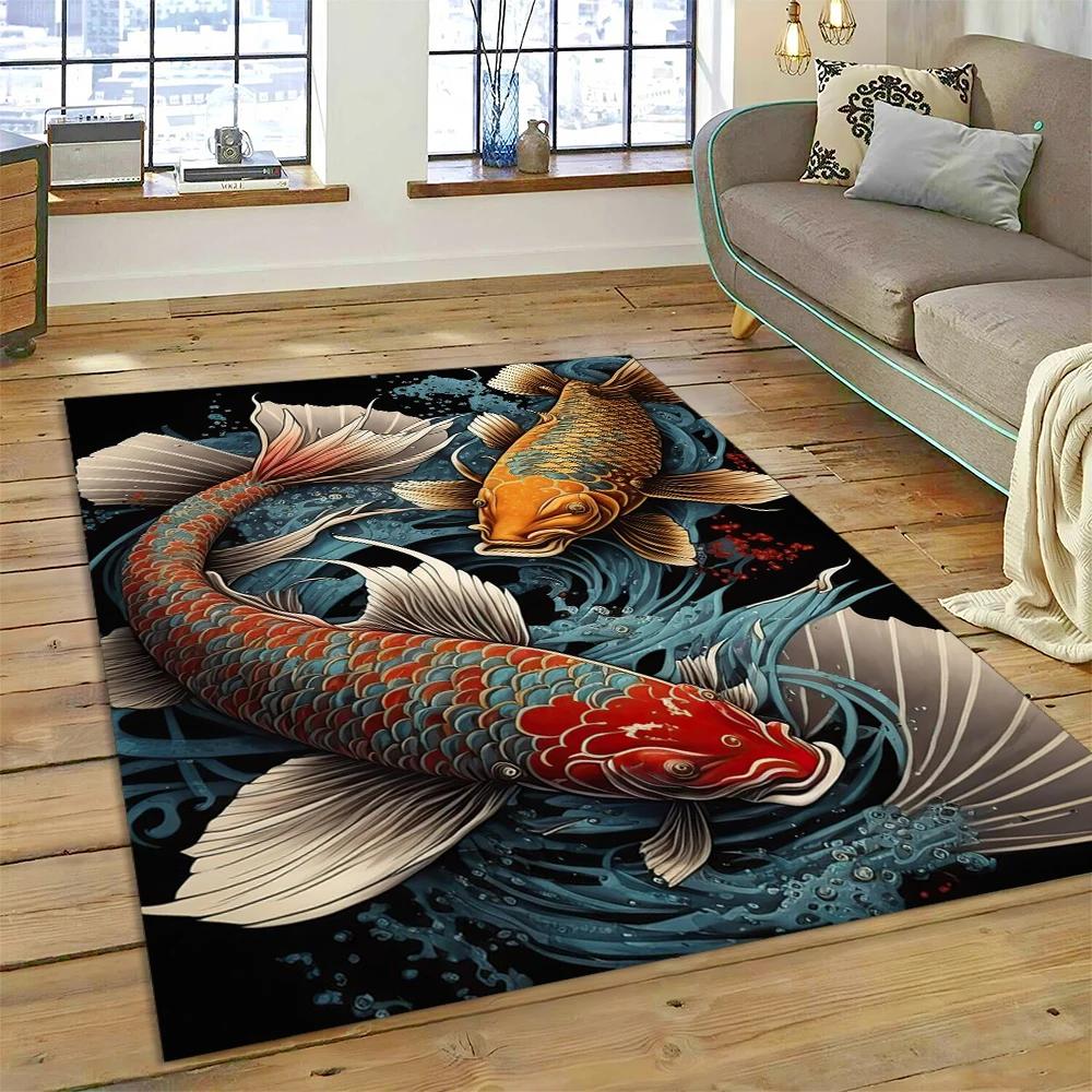 שטיח מצויר דגי קוי יין יאנג טבעיים לבית, לסלון, לחדר השינה, לספה, שטיחון כניסה, קישוט, שטיח אזור לילדים, מחצלת מונעת החלקה