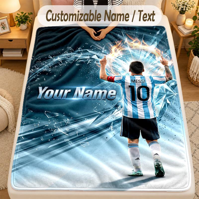Flannel BlanketLionel Messi Custom Name Text Personalized Soft Warm Throw Blanket Home Decor Gift
