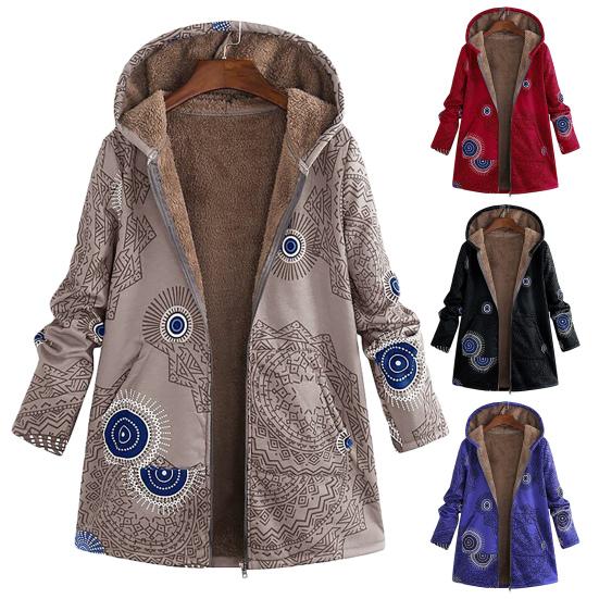 Damenmantel Reißverschluss Plüsch Vintage Ethno Warm Mit Kapuze Winterjacke für den täglichen Gebrauch
