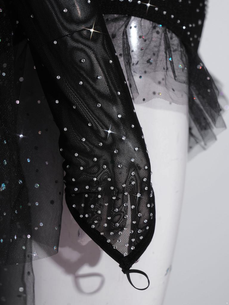 Ladies Ice Skating Dancewear Rhinestone Embellished Long Sleeve Backless Leotard with Tiered Tulle Ruffled Skirt Jumpsuit for Competition