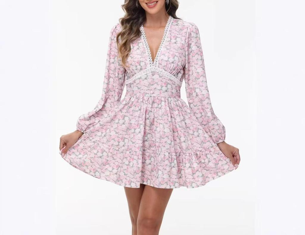 2025 Spring Sweet Print V-neck Lace Short Dress for Women