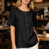 Women Short Sleeve Henley Neck Button Front Linen Cotton Shirt with Chest Pocket Loose Fit Casual Blouse Top for Summer