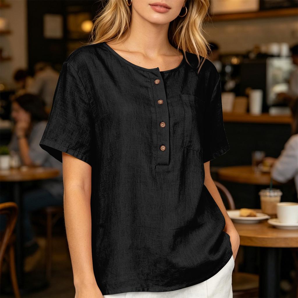 Women Short Sleeve Henley Neck Button Front Linen Cotton Shirt with Chest Pocket Loose Fit Casual Blouse Top for Summer