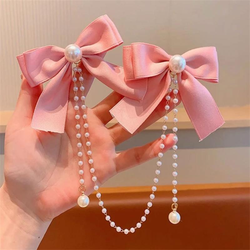 Children Sweet Princess Style Pink Pearls Chain Bow Hair Clip Women Children's Cute Back Head Hairpins Hair Clips Girls Hair Accessories
