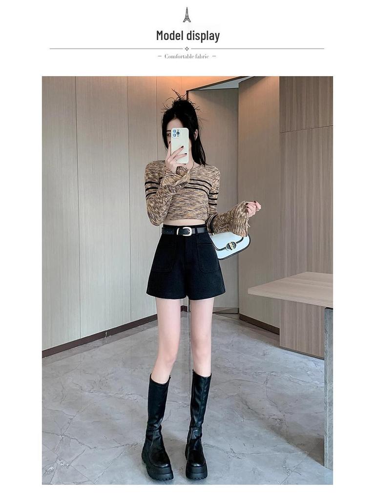 2024 High-Waisted Woolen A-Line Shorts for Women - Autumn/Winter Petite Coffee Tone Casual Bootcut Style.